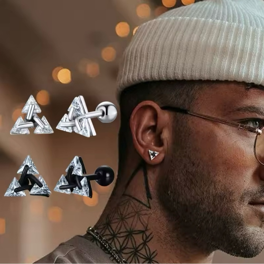 Men Stud Earring ,Triangle Pierced Crystal Zircon Stud Sleeper Stud